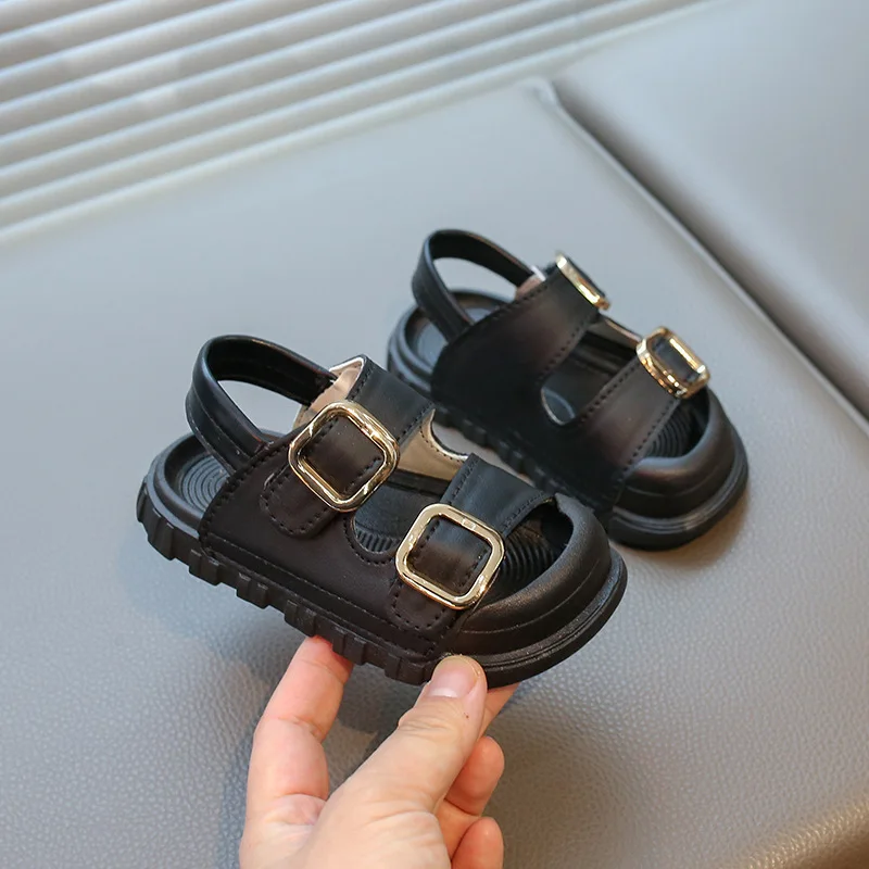Summer Solid Children Sandals Buckle PU Leather Non Slip Boys Girls Beach Shoes Hook Loop Soft Bottom Toddler Kids Sandals
