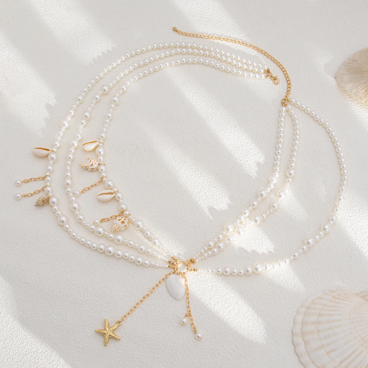 SHIXIN Hohl Net-wie Imitation Perle Brust Kette Taille Kette Sommer Strand Conch Seestern Anhänger Quaste Bikini Körper Schmuck – Detail 8