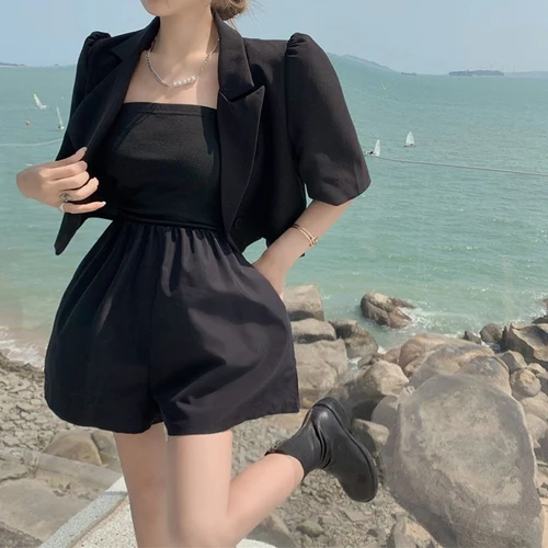 얇은 루즈 슈트 코트 및 반바지, 오프 숄더 단색 반바지 세트, 트렌드 한국 패션 여성 의류, 여름 신상 2