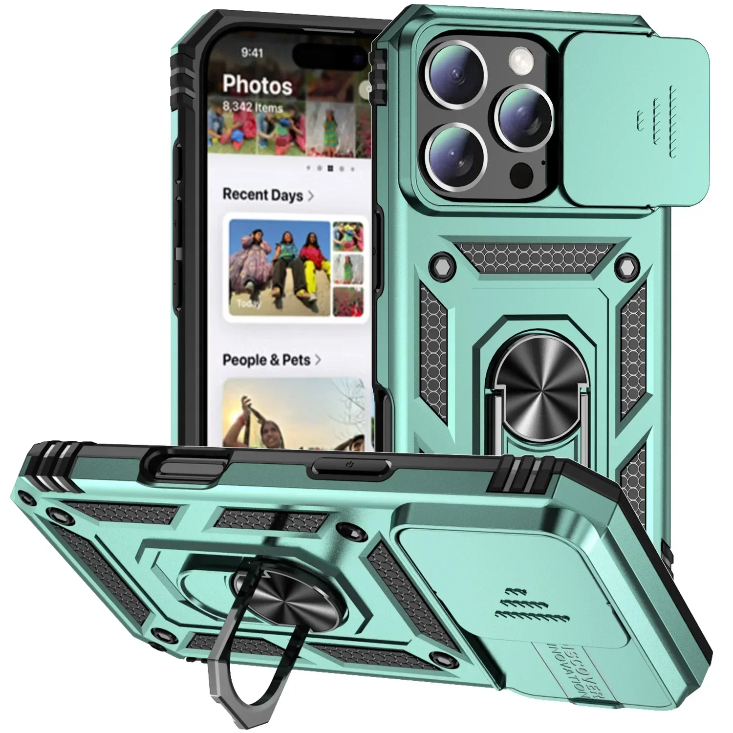Military Grade Armor Case with Rotating Ring Stand and Slide Camera Lens Cover