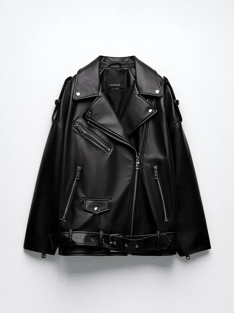 

Women 2022 Spring Fashion Black Faux Leather Jacket Ladies Casual Zipper Biker Coat Female Autumn Loose Couple Outwear