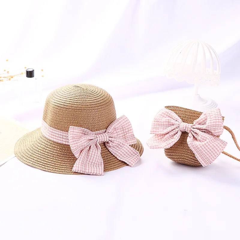 Children Straw Hat Bag Summer Beach Sunscreen Bucket Cap Colorful Flower Bowtie Bag Straw Hat Breathable For Baby Panama Caps