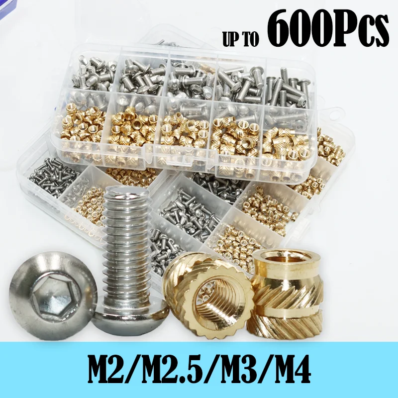 600p Threaded Insert Nut Brass Knurled Hot Melt Heat Embedded Copper Nuts and Stainless Steel Hex Socket Round Screw Allen Bolts