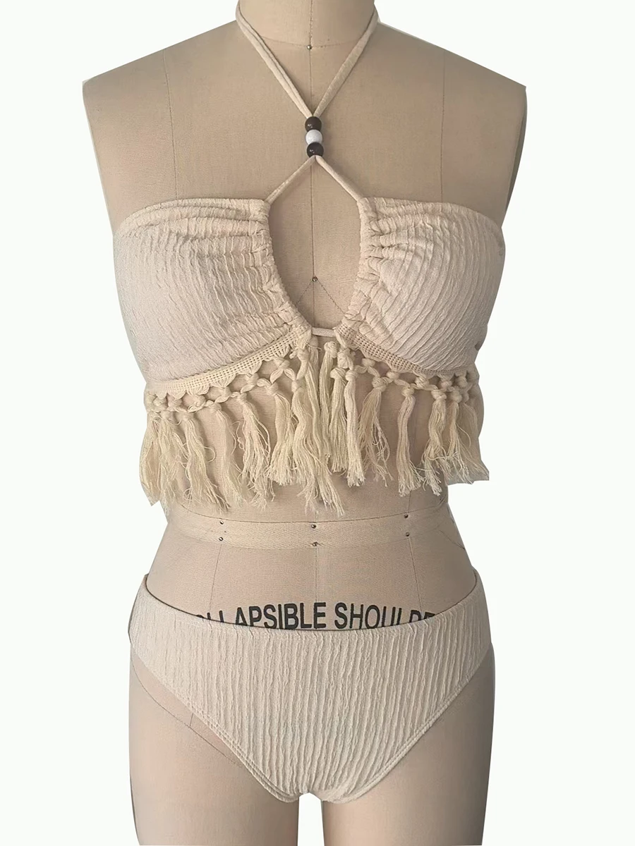 Sexy Tassels Bikini Women's Swimsuit 2025 2 Piece Swimwear Female Outfits Halter Top High Slit Skirt Set Beachwear Bathing Suits - Image 6
