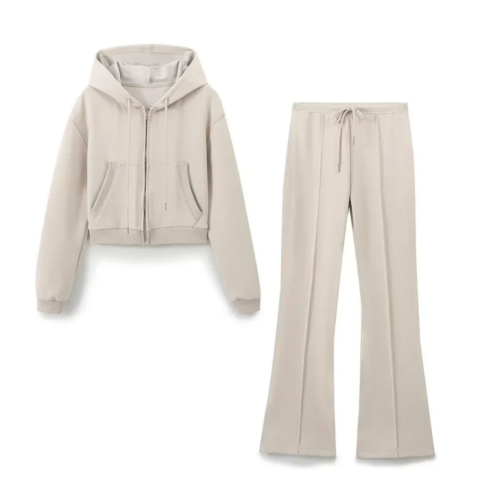 TRAF ZR 2024 Autumn Two Piece Outfits Women Pant Sets Interlock Cropped Sweatshirt Sets Front Pronounced Seam Flare Pants 3