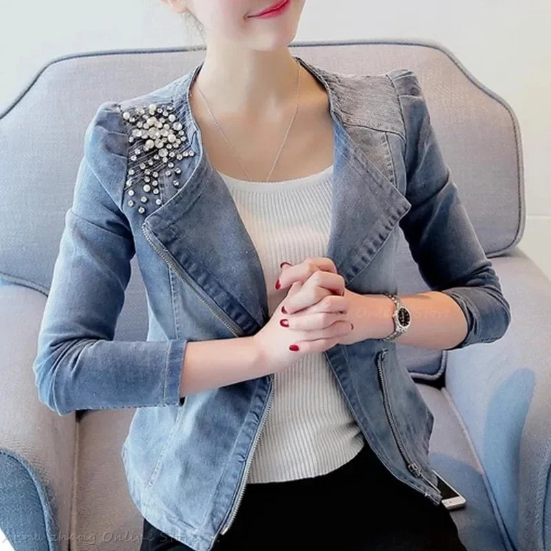 

Women Denim Jackets Casual Slim Pearl Bead zipper Jeans Coat Female Dropshipping