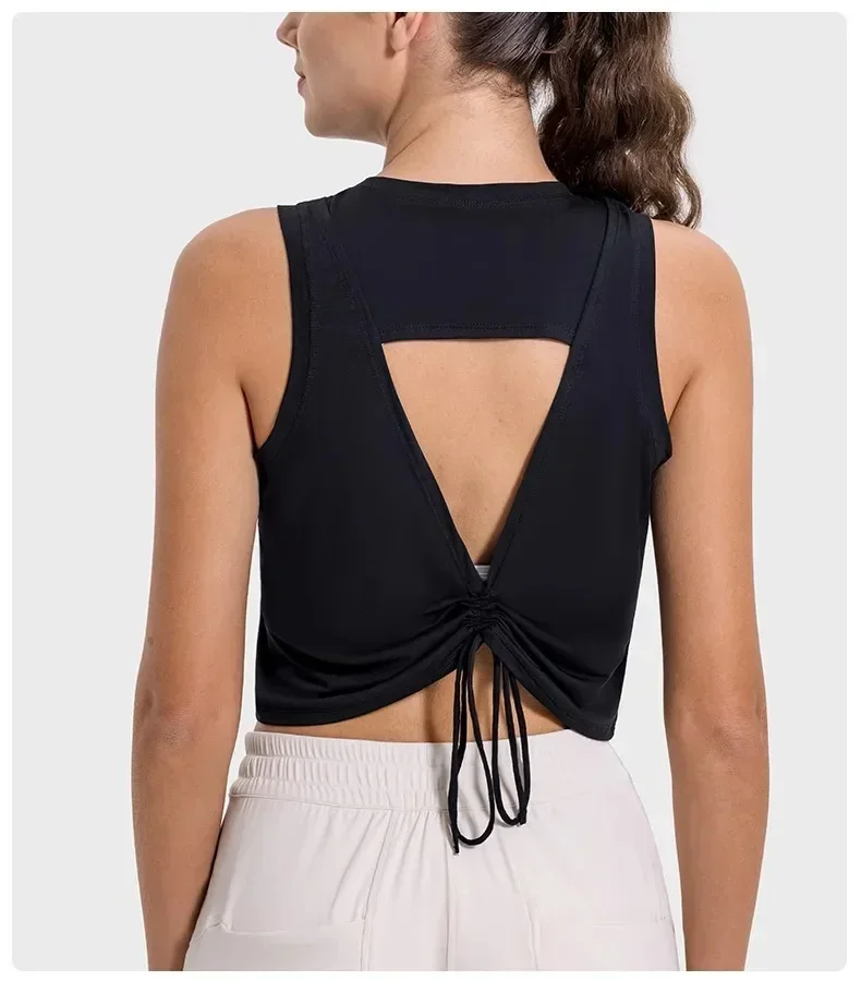 Lemon Arrival Women's Yoga Top Summer Thin Breathable Yoga Vest Short Hollow Tie Strap Sleeveless Sports Top Female