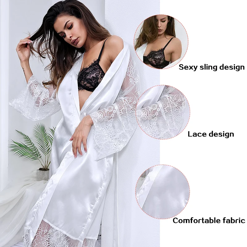 Fashion Sexy Pajama Women Bathrobe Lace Lingerie Milk Silk Top Comfortable Ladies V Long-Sleeve Nightdress Sleepwear women sleepwear sleepwear pajamas