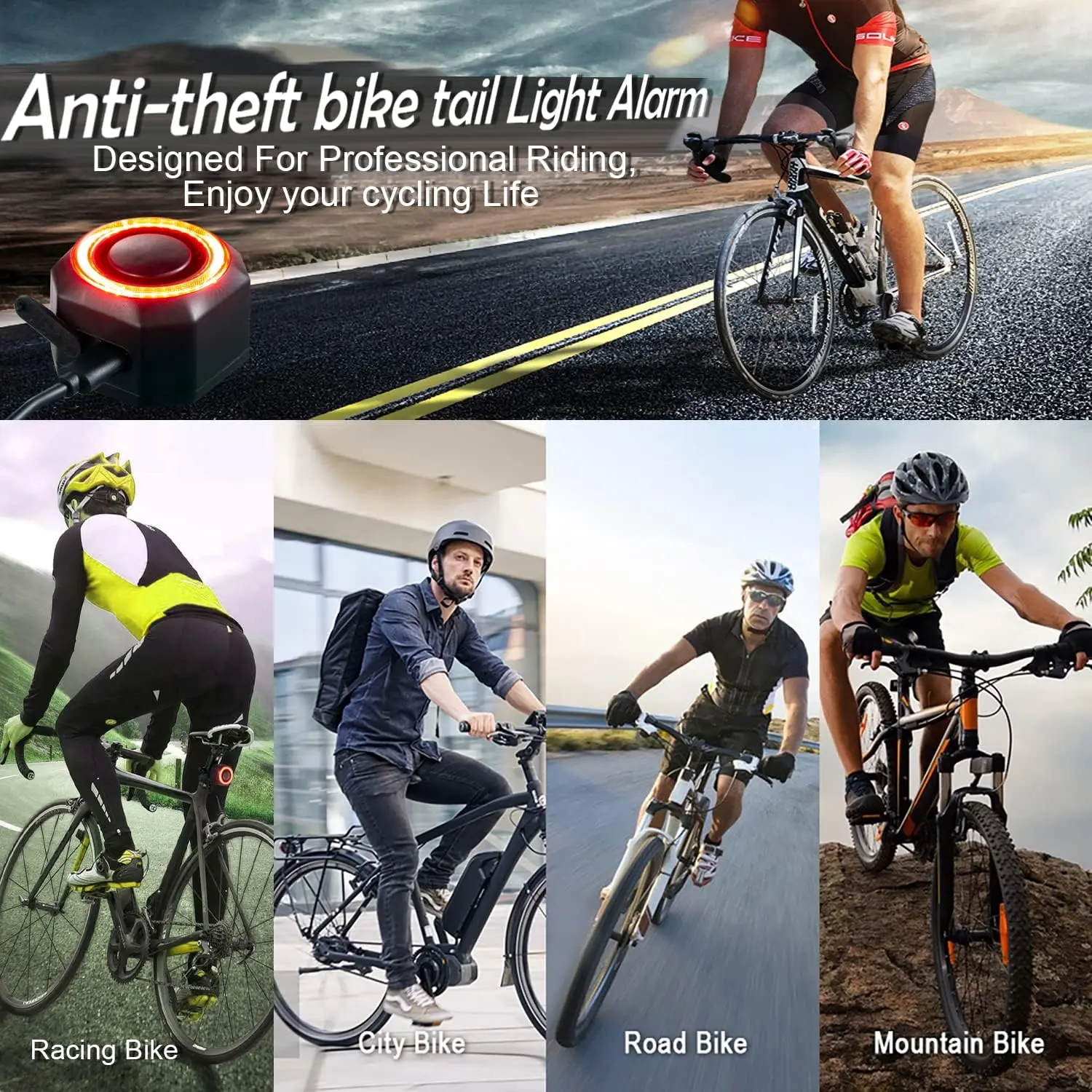 Rechargeable Bicycle Alarm System With Built-In Lithium Polymer Battery USB Anti-Theft Wireless Taillight With Remote Control