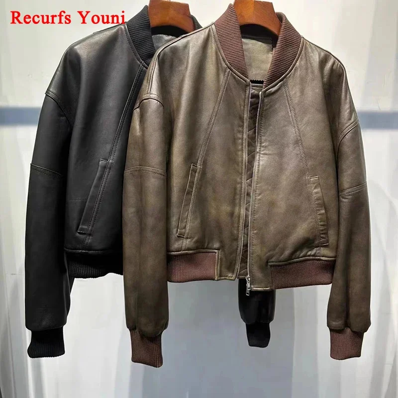 

Cropped Leather Bomber Jacket For Women 2024 Winter European Old Money Designer Female Distressed Sheepskin Short Coat Outwear