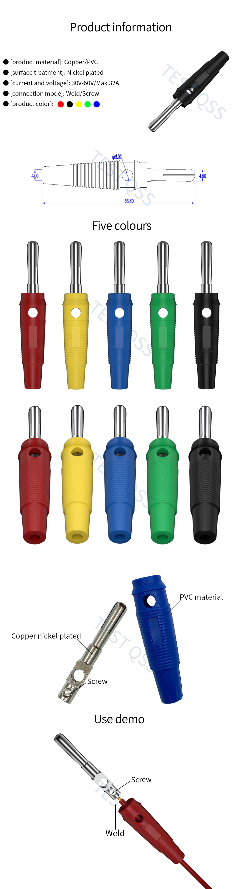 Qss 10pcs 4mm Kupfer Bananen stecker hochs trom isolierter ummantelter stapelbarer Löt anschluss für Lautsprecher verstärker q.10021 – Detail 1