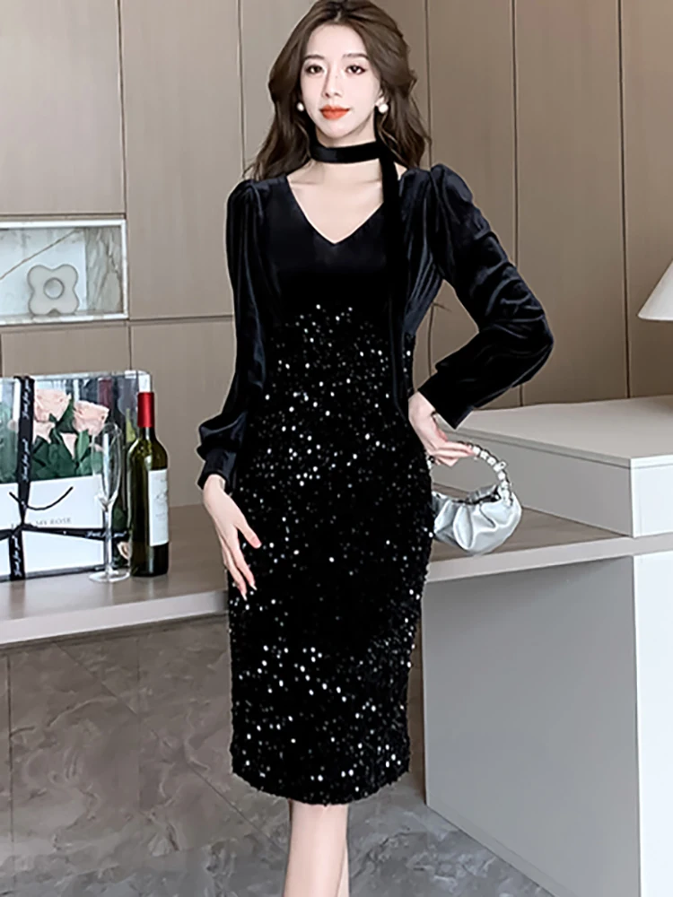 

Autumn Winter Black Velvet Patchwork Sequins Luxury Dress Women Korean Vintage Long Dress Gown 2023 Elegant Chic Festival Dress