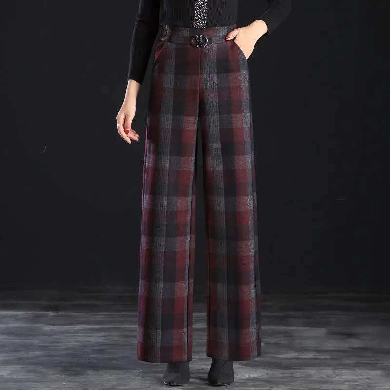 Koreon Vintage Women Thicken Wool Plaid Pants Spring Autumn Elastic High Waist Fashion New Oversize Casual Wide Leg Trousers 5XL