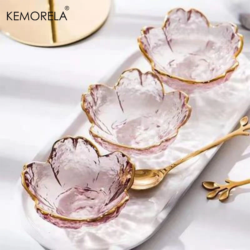 1-3Pcs Japanese Style Small Glass Plate with Golden Border Mini Seasoning Dessert Cute Style Sakura Bowl for Ice Cream Sala