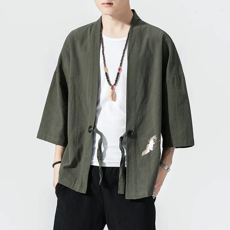 Japanese Kimono Japanese Kimono Cardigan Japanese Kimono Shirt Cotton Linen Men Kimono Cardigan Japanese Obi Male Yukata Haori Thin Causal Samurai Clothing Traditional Streetwear Jacket