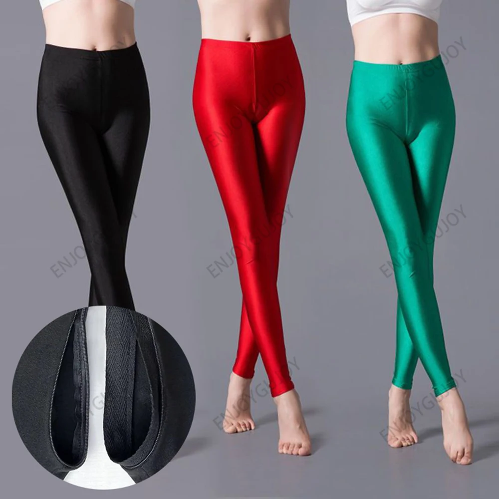 Invisible Open Crotch Outdoor Sex Ice Silk Solid Color Fluorescent Pants Women's Glossy 9 Divide Fitness Yoga Pants
