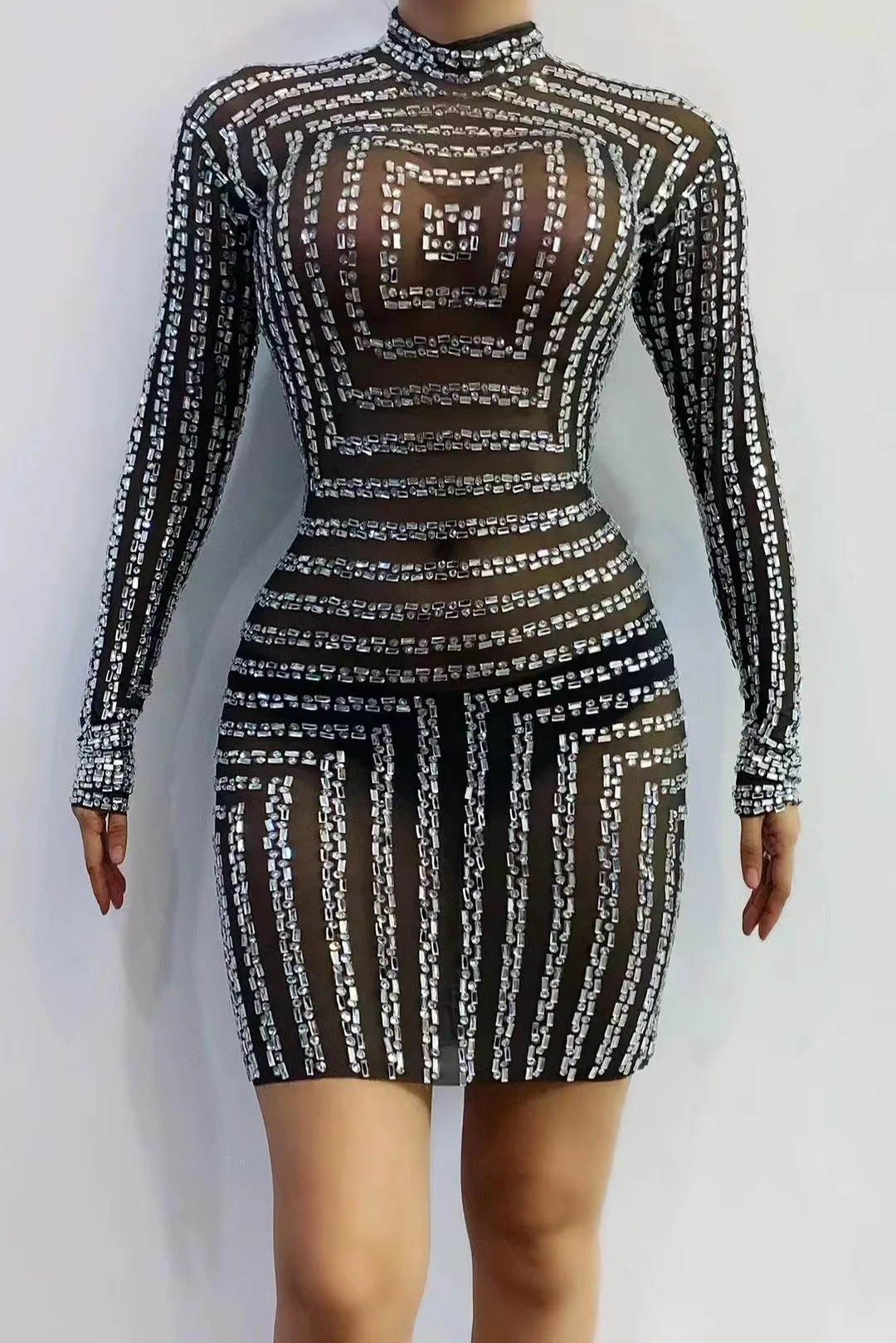 

SexyStageSparklySilverRhinestonesBlackMeshTransparentShortDress EveningBirthdayWeddingPartyOutfitSingerDanceWear