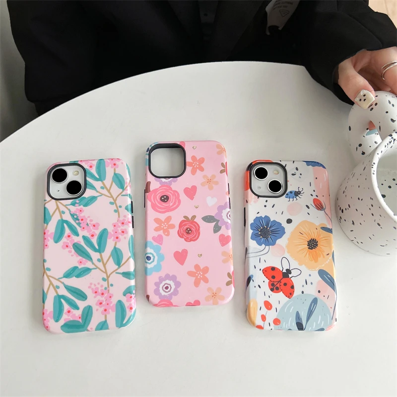 Flowers and leaves Phone Case Two-In-One Film Protective Shell For iPhone 15 14 13 12 11 Pro Max Plus Mini