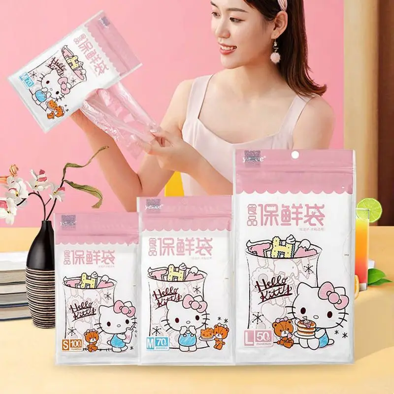 

50pcs Kawaii Sanrioed Cartoon Hello Kitty Pattern Fresh-Keeping Bag Thickened for Easy Cleaning Disposable Removable Food Bags