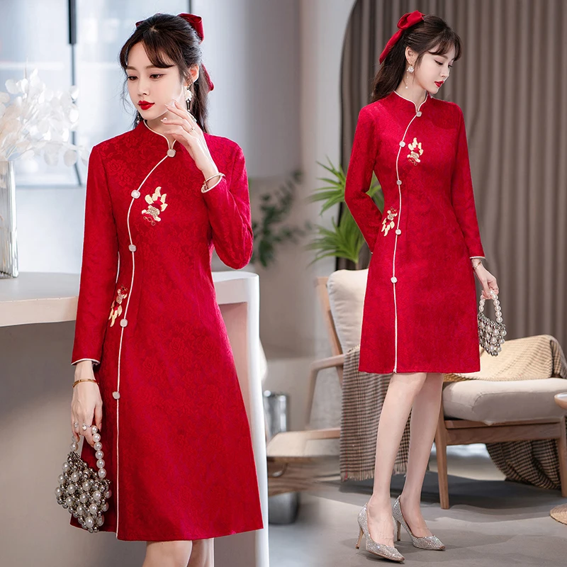 Chinese Traditional Women's Clothing High-end Cheongsam Good Quality Autumn Long Sleeve Lace Embroidery Vintage Red Qipao Dress