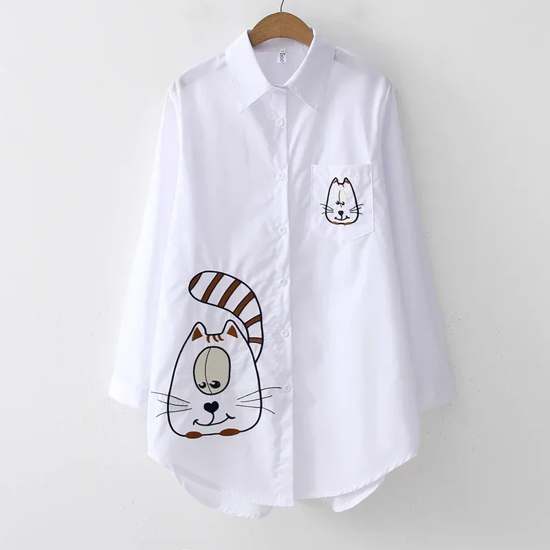White Cotton Long Sleeve Embroidery Blouse for Women