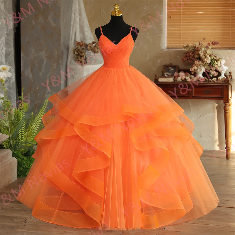 Orange Quinceanera Dresses Spaghetti Straps Sleeveless V-neck Party Prom Vestidos De Quinceaneras Gown New