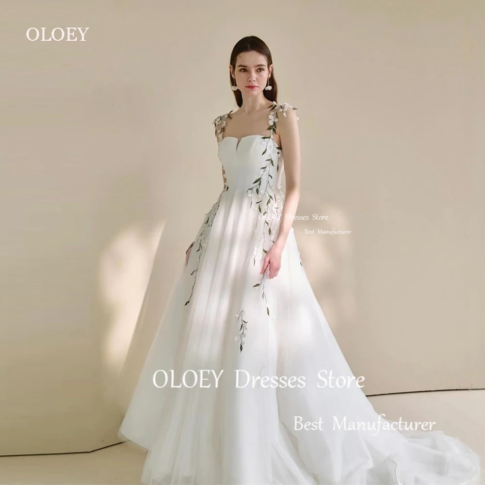 

OLOEY Elegant White A Line Tulle Wedding Dresses Korea Leaves Sweep Train Corset Back Bridal Gowns Vestido de noiva 2024