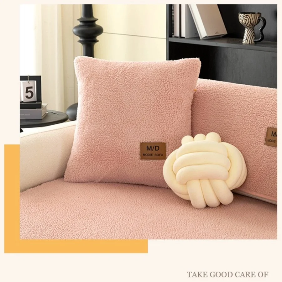 Solid Sherpa Anti-Slip Sofa Cover with PU label Decor for Living Room Coush Seat Cover, Universal Sofa Slipcover Furniture Towel 5