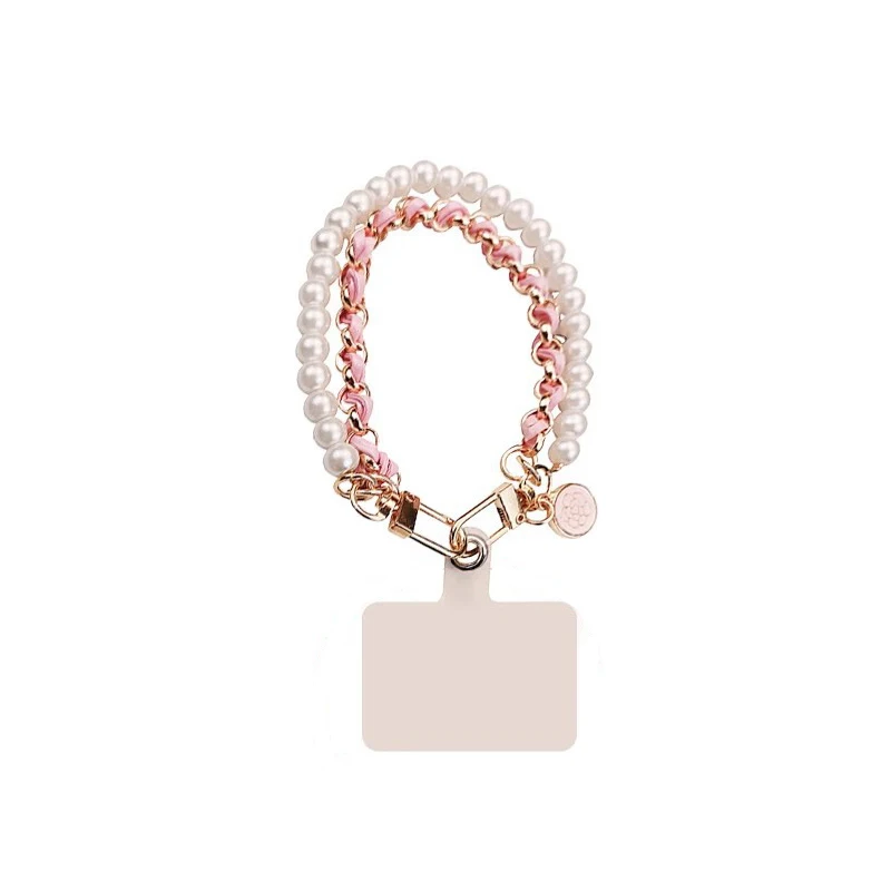 Pearl & Leather Hand-Woven Mobile Wrist Lanyard with Flower Pendant