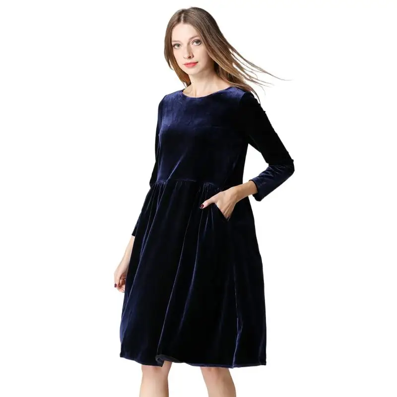 

Winter women long sleeve velvet Pleated dress royal blue birthday dress Spring elegant velour party dress vestido maxi