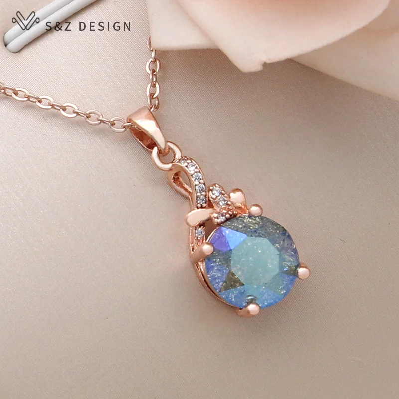 S&Z DESIGN New Fashion Cubic Zirconia 585 Rose Gold Color Round Crystal Pendant Necklace For Women Wedding Party Jewelry Gift
