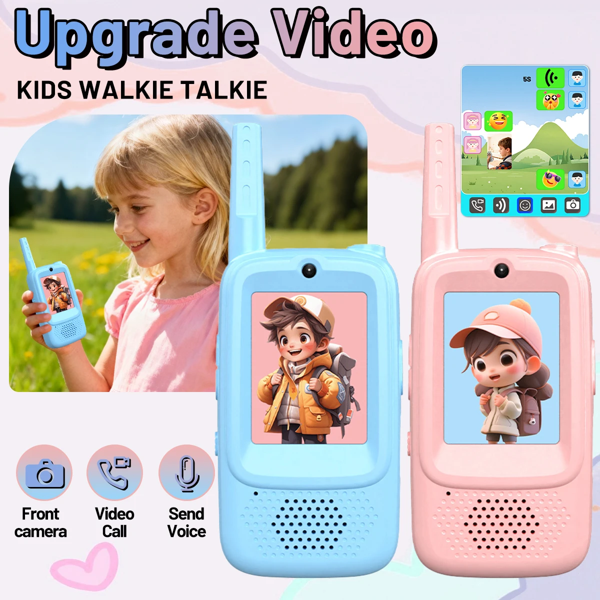 AIRITON Kid Walkie Talkie HD Sound with Selfie Photo & Emoticons - Children's Video Gift Set, 2PCS