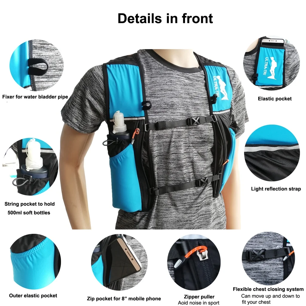 ULTRA-TRI 12L Trail Running Backpack Lightweight hydration Outdoor Marathon Hiking Trail Run Vest Bag 6