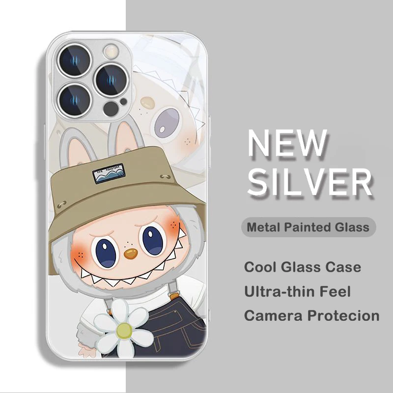 Bonita funda de teléfono de color metálico con dibujos animados de Labubu para iPhone X XR XS 16 15 14 13 12 Mini 11 Pro Max 7 8 SE 20 Plus, carcasa rígida de vidrio