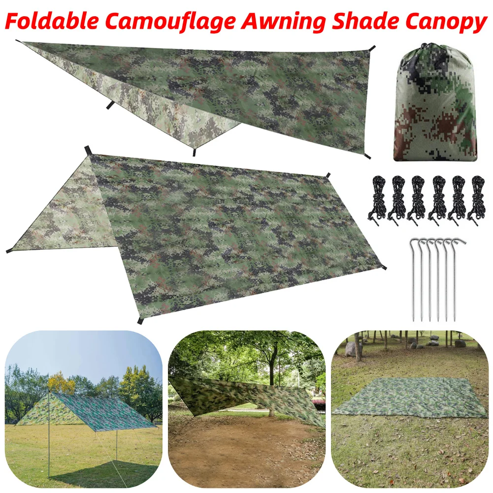 Portable Camouflage Awning Shade 210T Polyester Yarn Camping Tarp Waterproof Foldable Ultra-light Picnic Backpacking Equipment