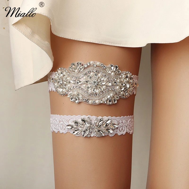 Bridal garter belt Miallo Bride Sexy Lace Flower Rhinestones Pearls Wedding Garter Belt Bridal Thigh Leg Garter Ring For Women