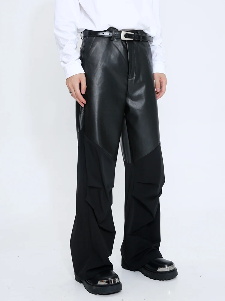27-46 New Men Clothing Yoshi Yamamoto Style Stitching Leather Patchwork Casual Pants Trousers Lovers Plus Size Costumes