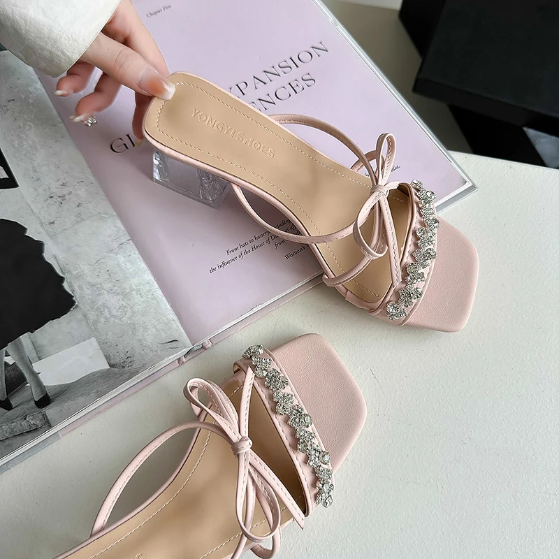 Pearl Bow Slippers 2024 Summer New Outer Wear Slippers Women High Heel Sandals Ladies Stiletto All-match Open Toe Roman Shoes