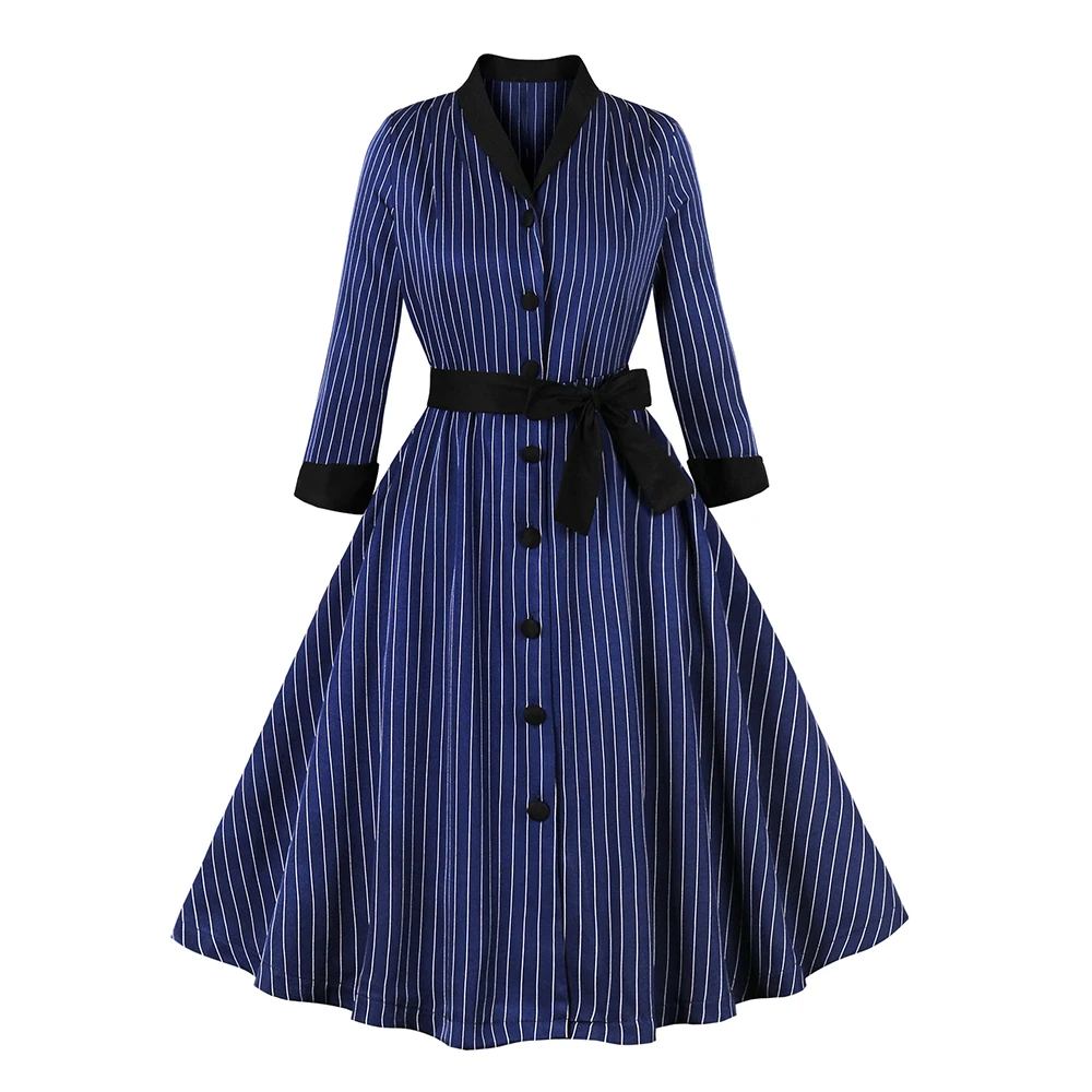 

2024 Contrast Collar Blue Striped 3/4 Length Sleeve Dresses for Women Single Breasted Belted Vintage Party Dress VD4394