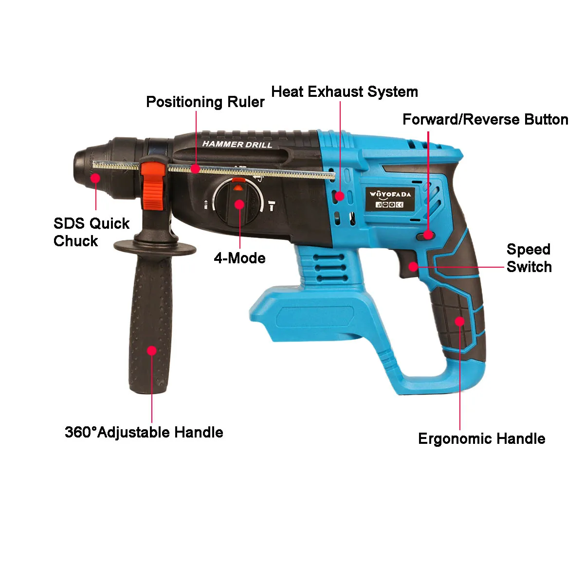WOYOFADA Cordless Rotary Hammer Drill 18V SDS Plus Electric Hammer Drill 4 Modes Selector fit Makita 18v Battery(No Battery) 2