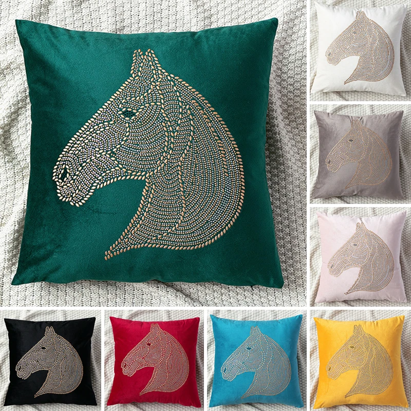 High Quality Rhinestone Velvet Cushion Cover 45x45/50x50cm Decorative Pillow Living Room Soft Luxury Horse Case |