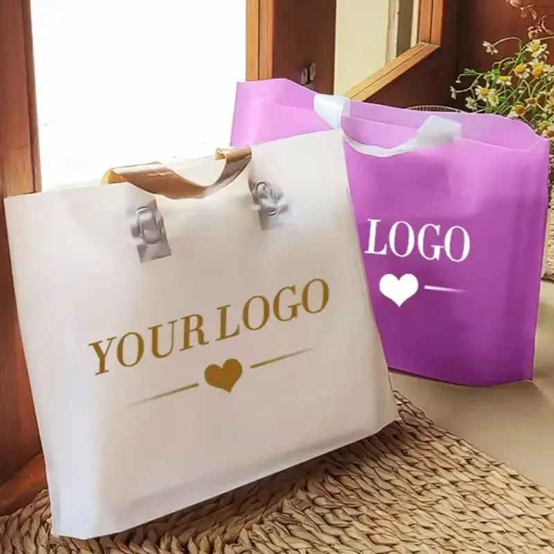 500pcs/Lot Wholesale Custom Poly Bag Soft Loop Handles LDPE/HDPE Tote Shopping Plastic Bag with Own Logo for Clothing Packaging