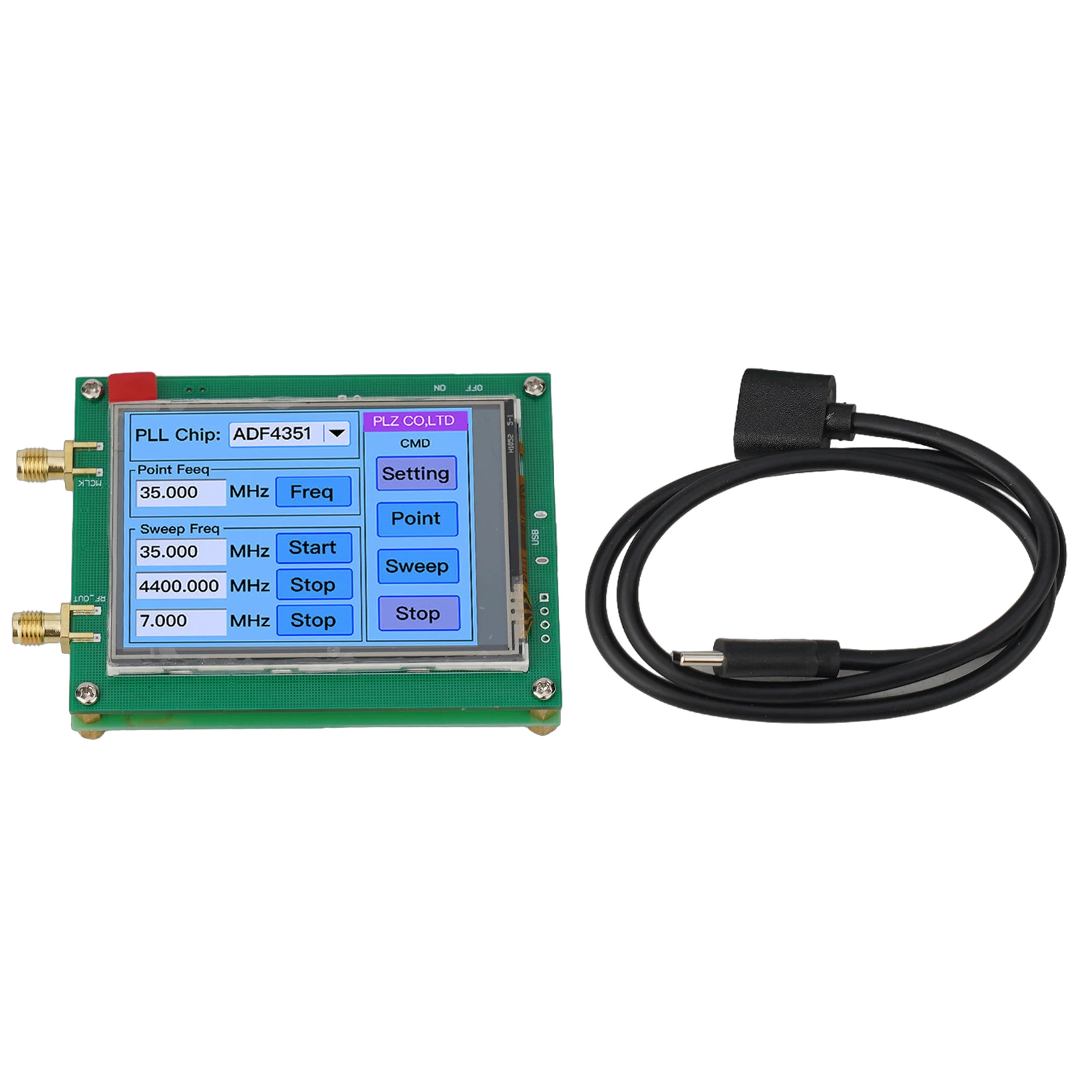 

Touch Screen ADF4351 35M-4.4G RF Signal Generator PLL Sweep Frequency Generator DC002 Interface DC4-9V Typical 5V Power Supply