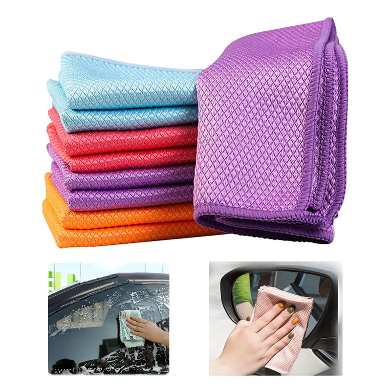 Car cleaning accessories 2Pcs Car Fish Scale Grid Wipe Glass Windows Cleaning Towel Microfiber Lint free Towels Auto Mirrors Cleaning Cloths 30cm