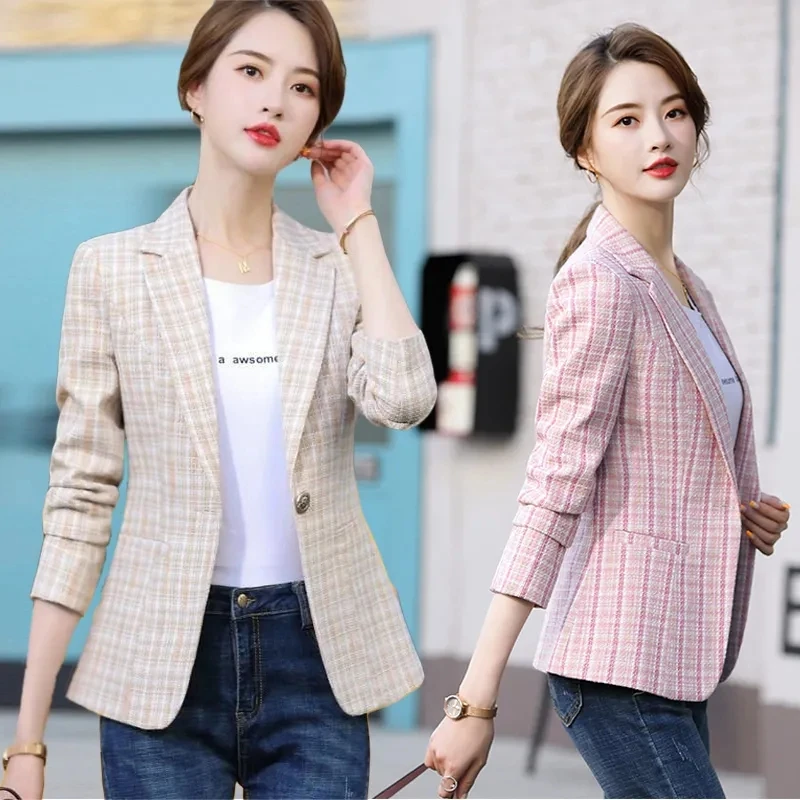 Spring Autumn Casual Women Blazer Lady Office Work Suit Slim Plaid Jacket Long-Sleeved One Button Women's Blazers Clothing New