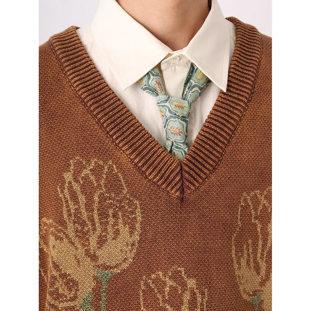 Autumn Winter Vintage Vest Sweater Trend Japanese Retro Men Women Lazy Loose Silhouette Flower Coat Preppy Jacquard Knitted Vest
