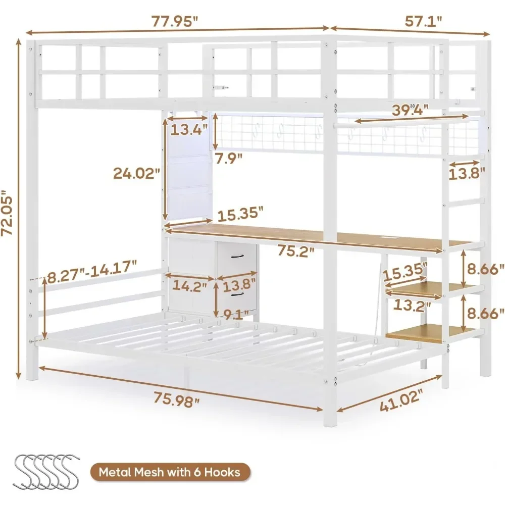Full Over Twin Size Bunk Bed with Desk and Led Lights Storage Shelves and Drawers for Teen & Adults,Safety Guard Ladder Bunk Bed 2