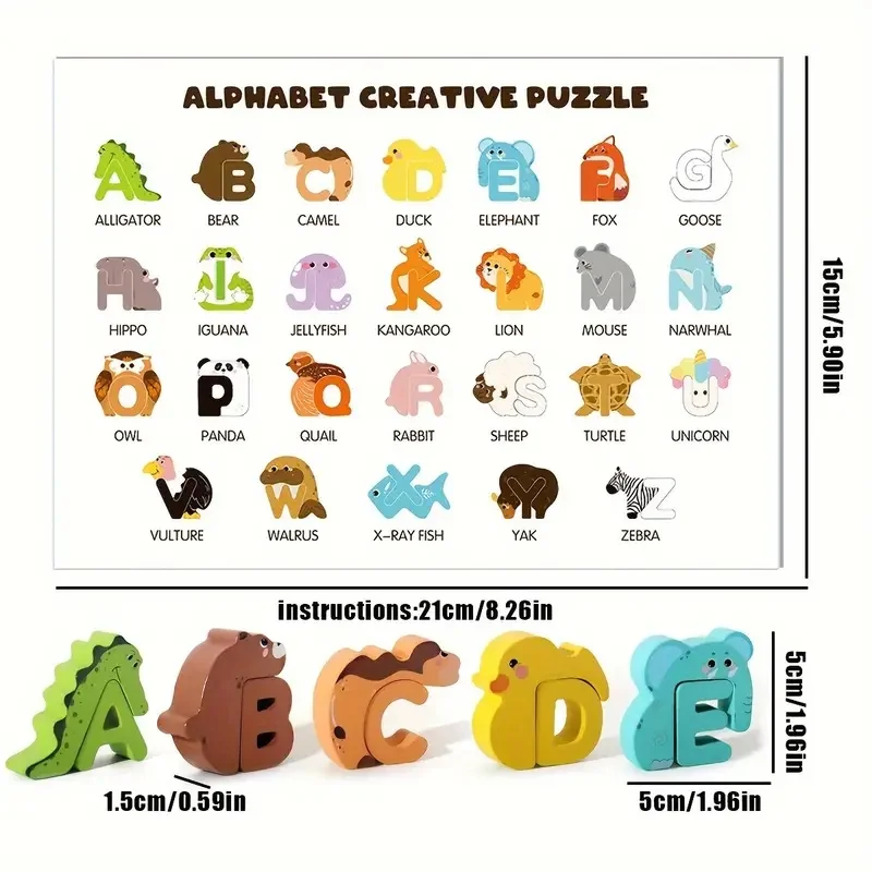 52pcs Wooden Alphabet & Animal Puzzle - Educational ABC Sort & Stack Matching Game for Children Fine Motor Holiday Gift 5