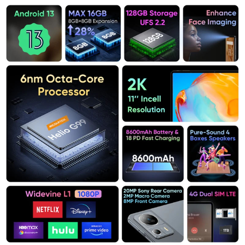 N-one NPad X1 11 인치 태블릿 PC (8 ++ 8)GB RAM, 128GB ROM, 안드로이드 13, 2000x1200 FHD, MTK G99, 8 + 20MP + 2MPCamera, 18W PD