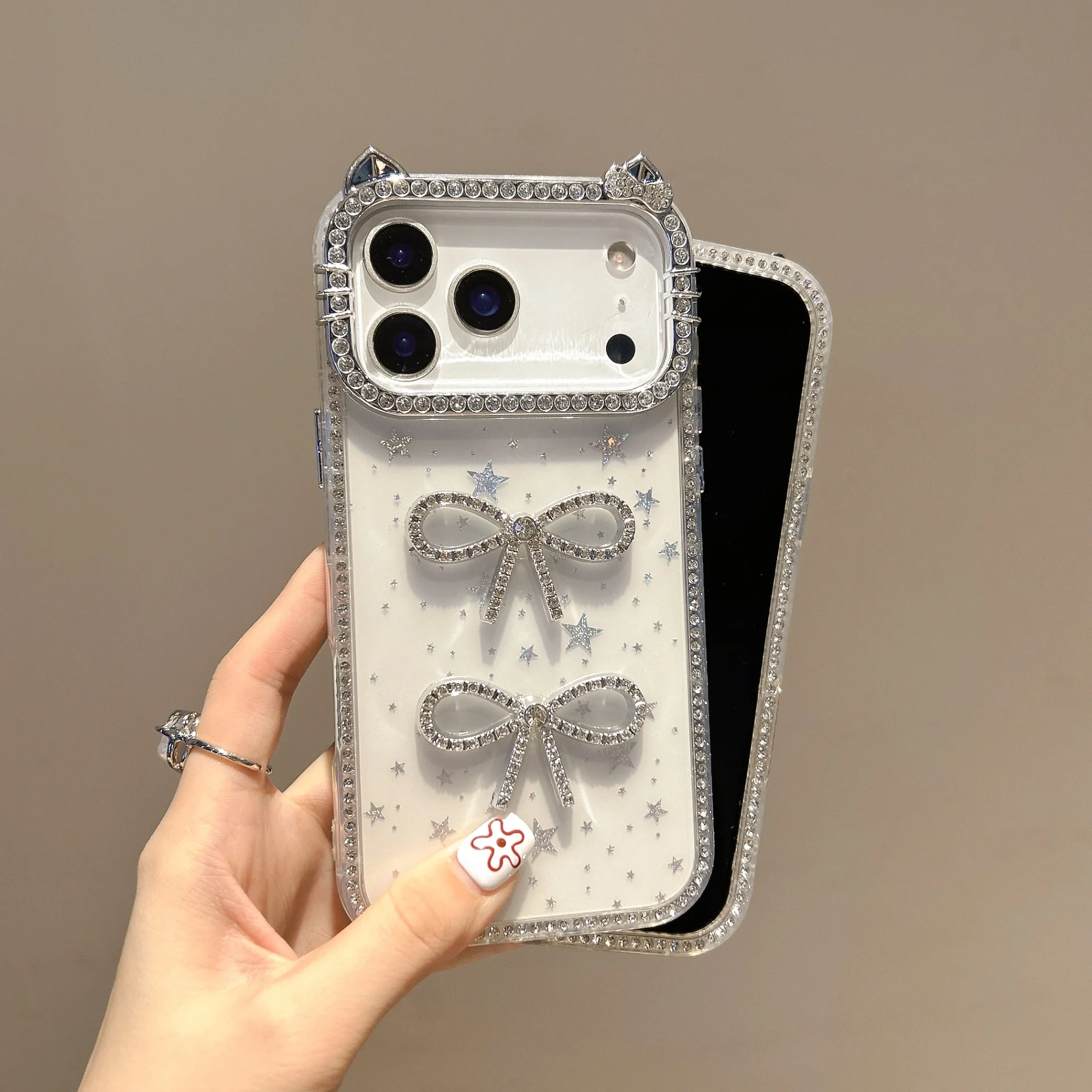 Cat Ears Epoxy Gypsy Flash Shiny Star Bow Phone Case with Diamonds